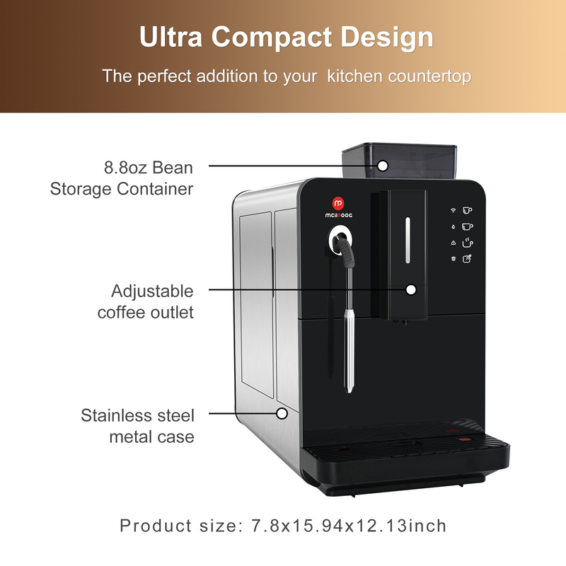 Hi 02 Super Automatic Espresso Coffee Machine，Bean To Cup Fully Automatic Espresso Machine with Grinder,Easy To Use Wifi Coffee Maker with Milk Frother.19 Bar Barista Pump