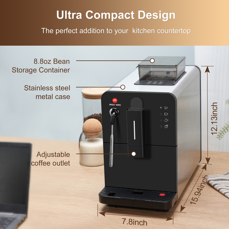 Hi 02 Super Automatic Espresso Coffee Machine，Bean To Cup Fully Automatic Espresso Machine with Grinder,Easy To Use Wifi Coffee Maker with Milk Frother.19 Bar Barista Pump