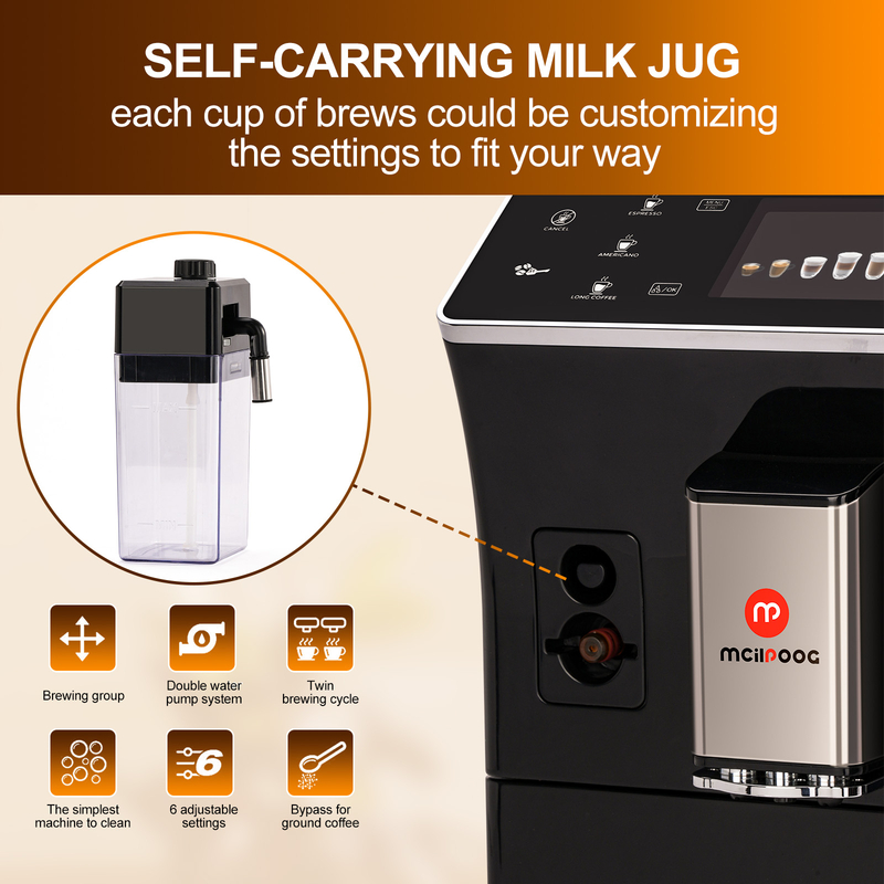 Mcilpoog WS-202 Super Automatic Espresso Coffee Machine,Fully Automatic Espresso Machine With Grinder, Easy To Use Touch Screen Coffee Maker with Milk Frother