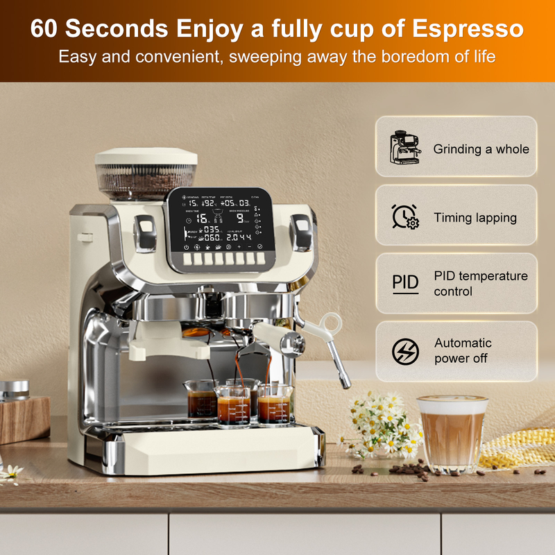 TC520 Espresso Machine with Milk Frother，Semi Automatic Coffee Machine with Grinder,Easy To Use Espresso Coffee Maker with 6 inch Large Screen,15 Bar Pressure Pump,PID Temperature Control